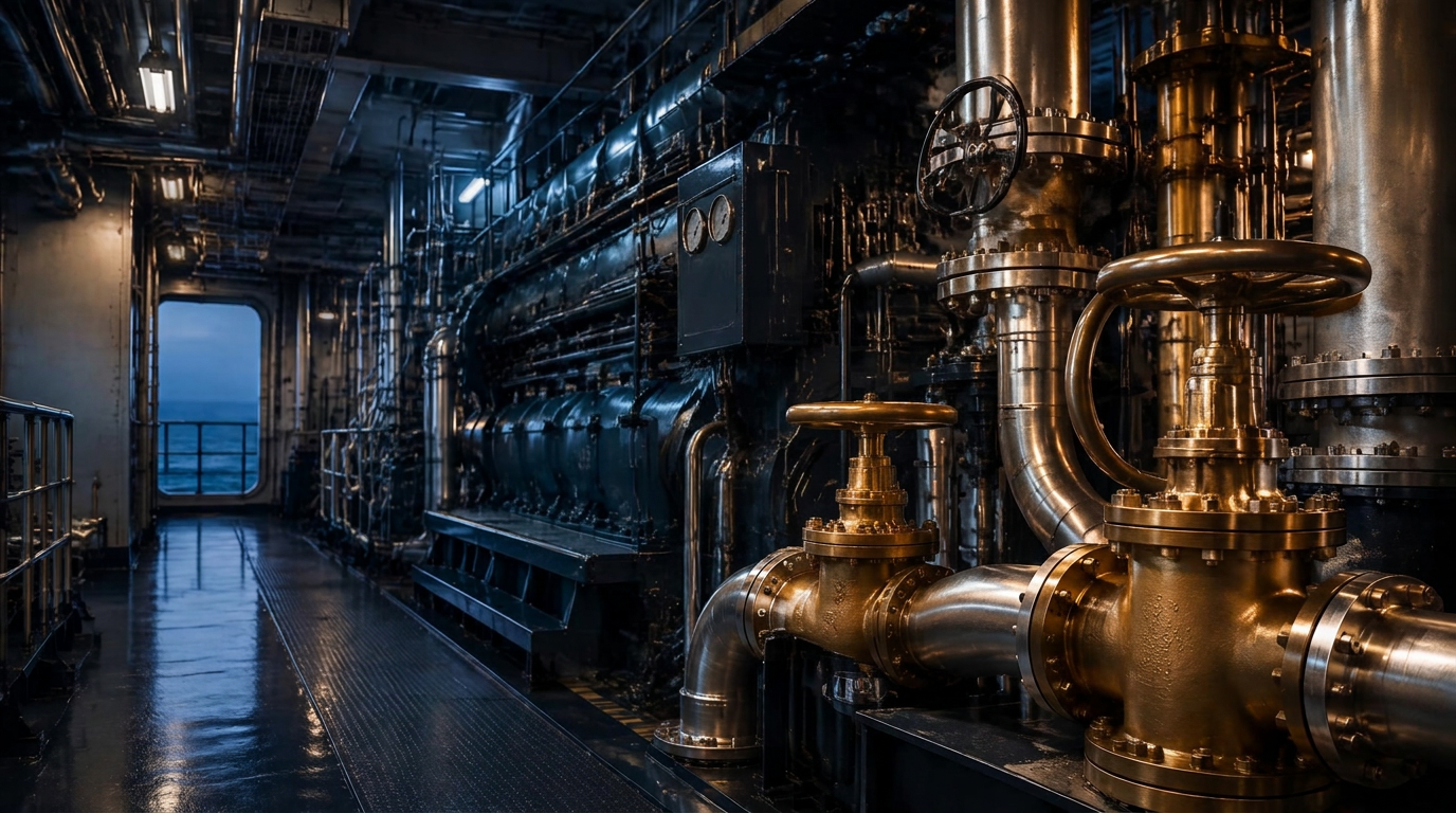 Bronze flanged marine valves installed in a ship engine room